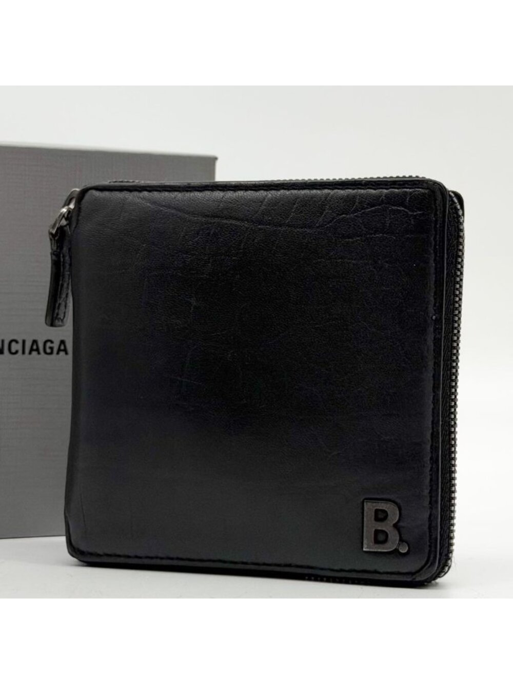 Balenciaga B-dot Croco Round Compact Black Wallet